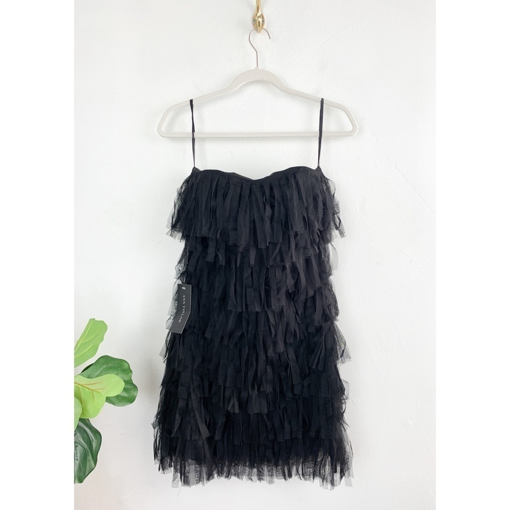 NWT Ann Taylor Black Tulle Fringe Strapless Mini Dress Sz 2